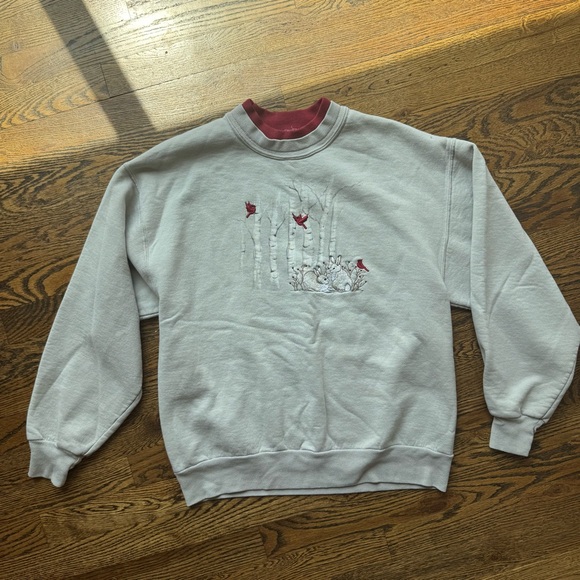 Embroidered Taupe Gray Sweatshirt with Rabbit Cardinal and Trees Design - Picture 3 of 6